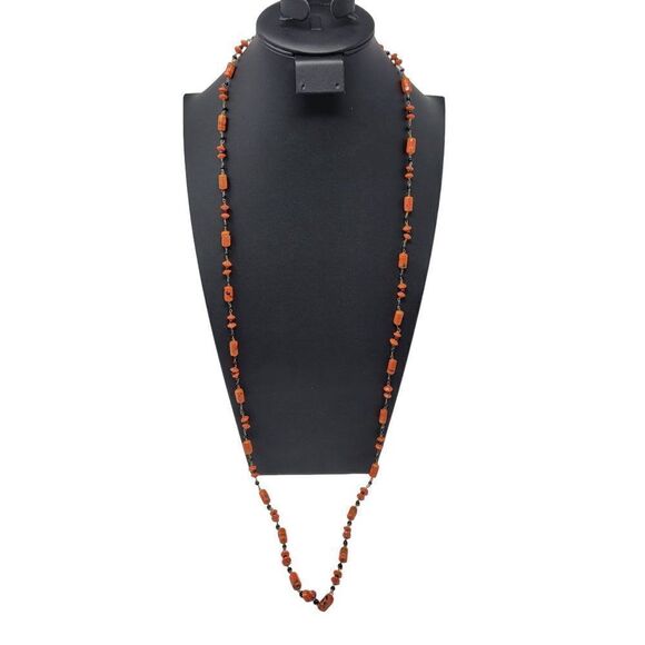 Vintage 30's Art Deco Orange Black Art Glass Chain Linked Flapper Necklace - Picture 7 of 12